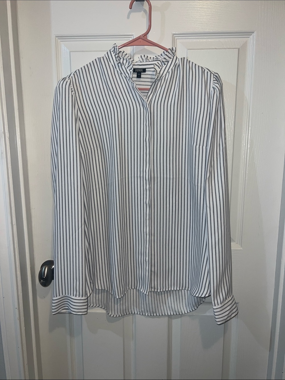 Express Women's White and Black Vertical Stripe Button-Up Blouse